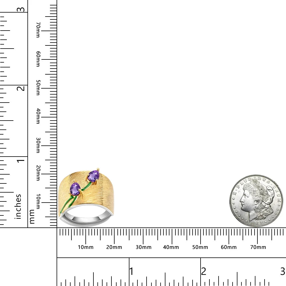 GEM'S BALLET Original Handmade Real 925 Sterling Silver Statement Ring Jewelry Gift Natural Gemstone Amethyst Design Plate Tulip