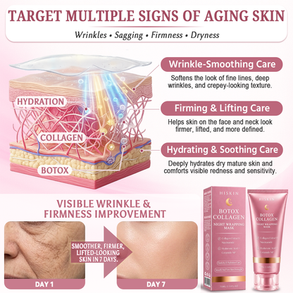 HISKIN® BOTOX Collagen Night Wrapping Mask – Overnight Wrapping Care to Smooth Face & Neck Wrinkles, Firm Loose-Looking Skin, Brighten Dark Spots & Restore a Fresher Glow