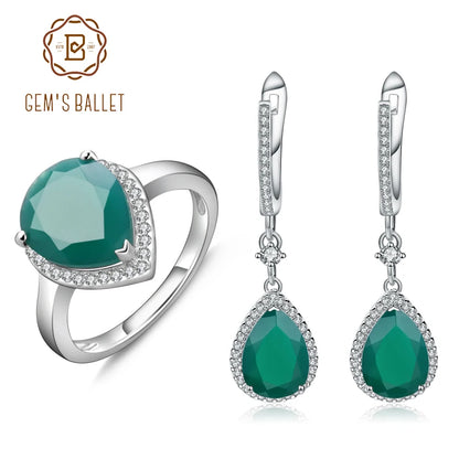 GEM'S BALLET Solid 925 Sterling Silver Gemstone Earrings Ring Set Natural Green Agate Jewelry Set For Women Vintage Fine Jewelry