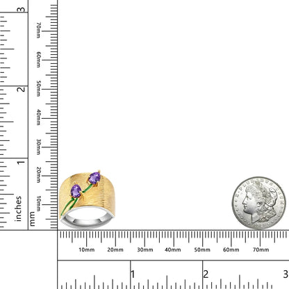 GEM'S BALLET Original Handmade Real 925 Sterling Silver Statement Ring Jewelry Gift Natural Gemstone Amethyst Design Plate Tulip