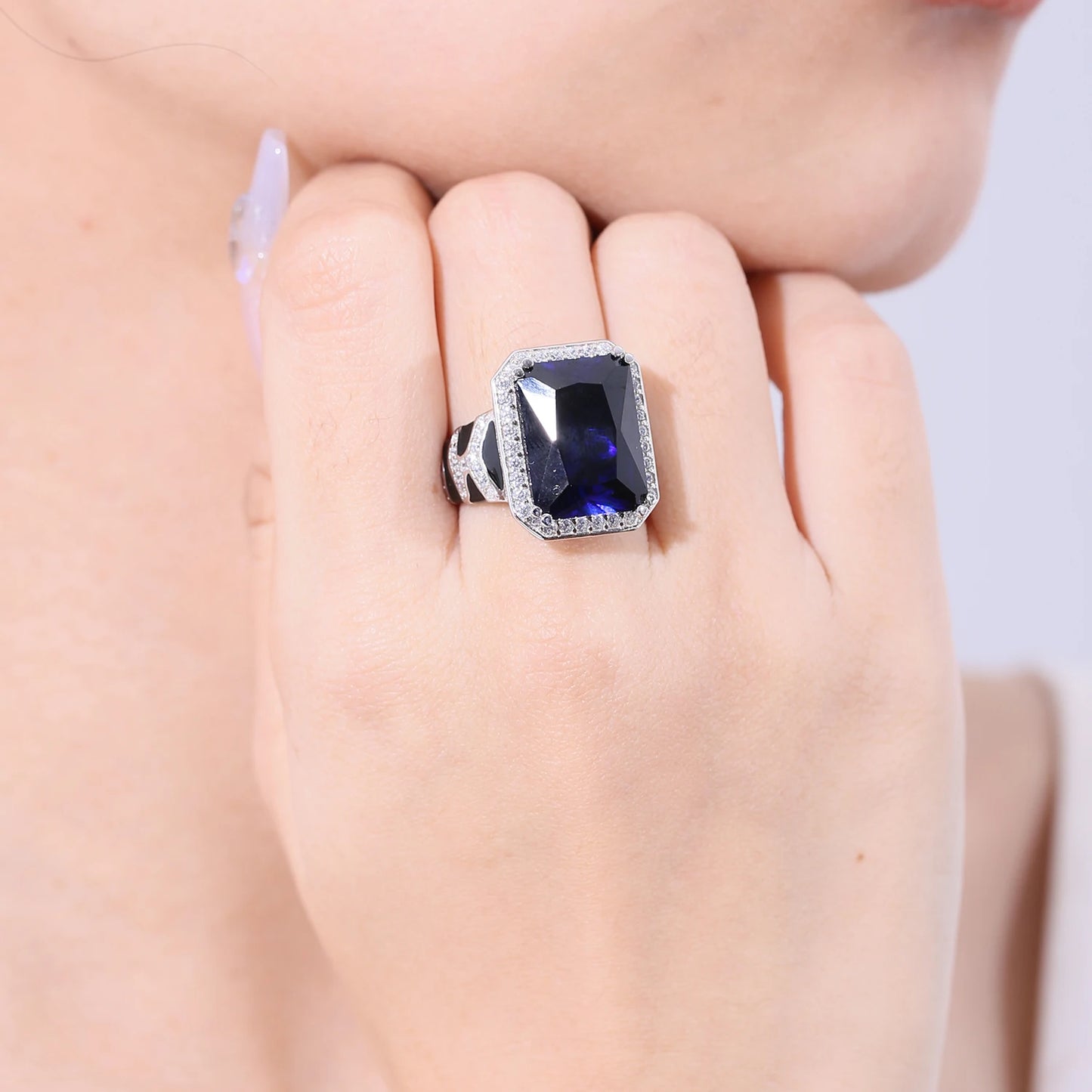 GEM'S BALLET Tiger Element Ring OCT 12x16mm lab Blue Sapphire Statement Ring in 925 Sterling Silver Gift For Her Fine Jewelry