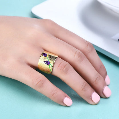 GEM'S BALLET Original Handmade Real 925 Sterling Silver Statement Ring Jewelry Gift Natural Gemstone Amethyst Design Plate Tulip